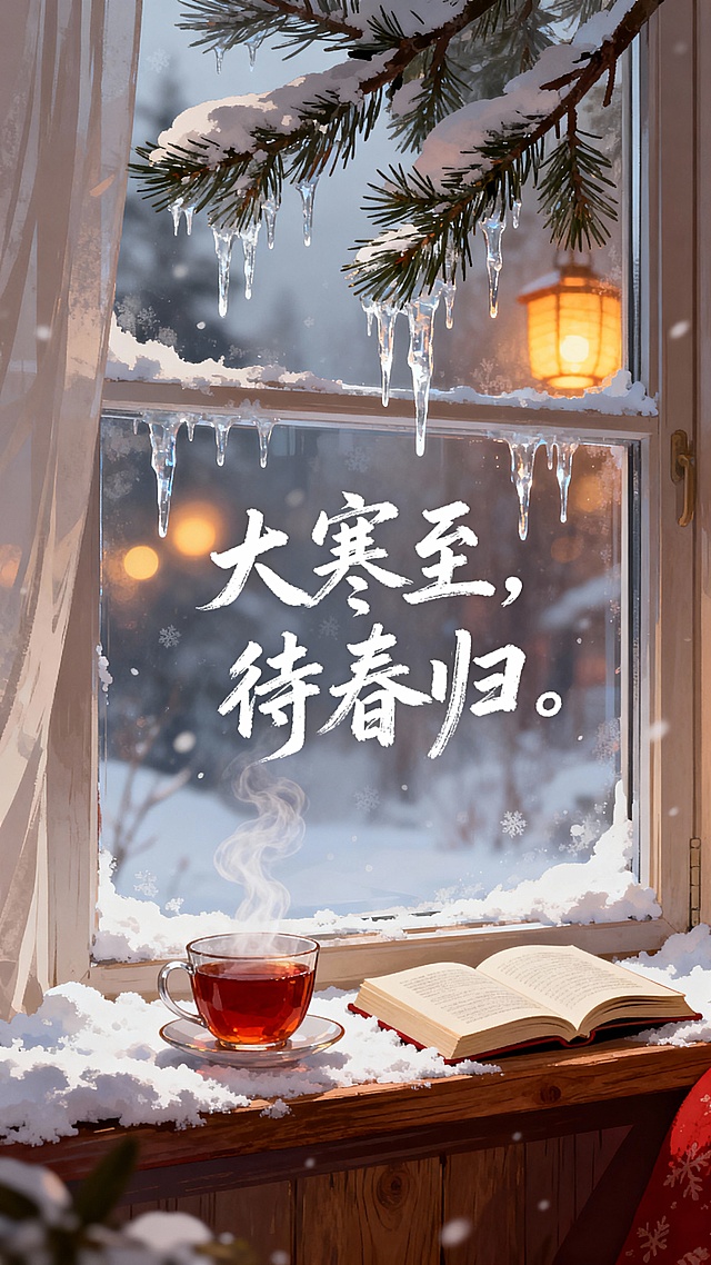 温馨插画风手机壁纸，大寒节气主题，画面下方是覆盖着薄雪的木窗台，窗台上放着一杯冒着热气的红茶和一本翻开的书，窗外是挂着冰凌的松枝与远处朦胧的暖黄色灯笼灯火，玻璃窗上用手写字体写着“大寒至，待春归”，色调以暖白、浅棕、暗红为主，营造出冬日室内的温暖与宁静氛围，高清8K。
