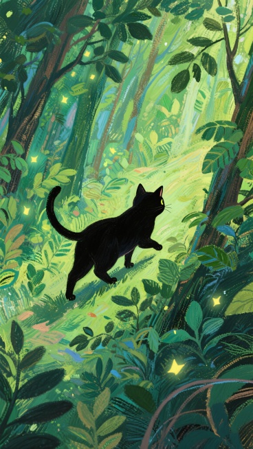 一只黑猫回头看了一眼，然后头也不回地离开，消失在绿色的森林里，奔向自由，满屏树叶，点缀零星萤火，抽象油画风格，油画棒质感，童话氛围，强烈的笔触感，极繁的细节，插画效果，渺小构图预览效果