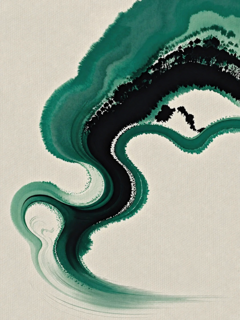 参考当前图片的国风水墨风格和河流山川构图，去掉画面下方的人物、船和左上角所有文字，只保留水墨山水元素预览效果