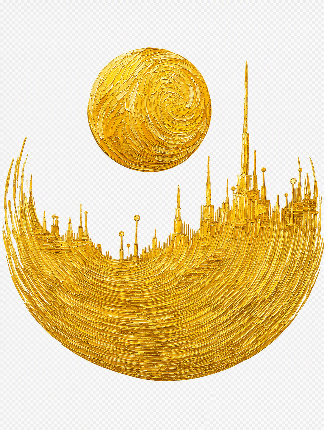 梵高油画风格的金色星球城市水景图，去除所有蓝色部分和深蓝色背景… - 图片创意预览