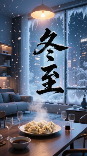 电影镜头感，冬至深夜，一座现代都市公寓中。镜头透过凝结着冰霜的落地窗，窗外是漫天飞雪和模糊的城市夜景。室内，餐桌上是一盘刚出锅的饺子，蒸汽袅袅升起，在暖色吊灯的照射下形成美丽的光晕。旁边放着醋碟和几个预览效果