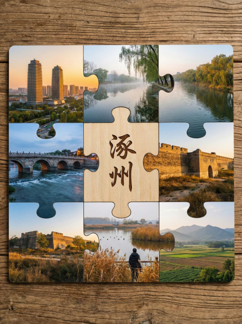 你的任务
帮我制作几份由地区的2到9张拼图出来的风景宣传照片，并在图片中心用文字标上地点
#地点分别为
城市1：廊坊城市2：固安城市3：涿州城市5：怀来城市4：香河#备注
要求图片写实，使用香蕉2.0预览效果