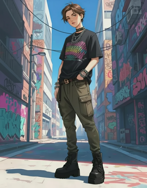 美式轻亚女孩穿搭，OOTD，标签标注身上的穿搭，漫画风，女孩穿着宽松的黑色印花T恤，搭配高腰牛仔短裤，脚踩厚底帆布鞋，头戴棒球帽，手持滑板，背景是城市街道，阳光明媚，色彩鲜艳，线条流畅，充满活力预览效果