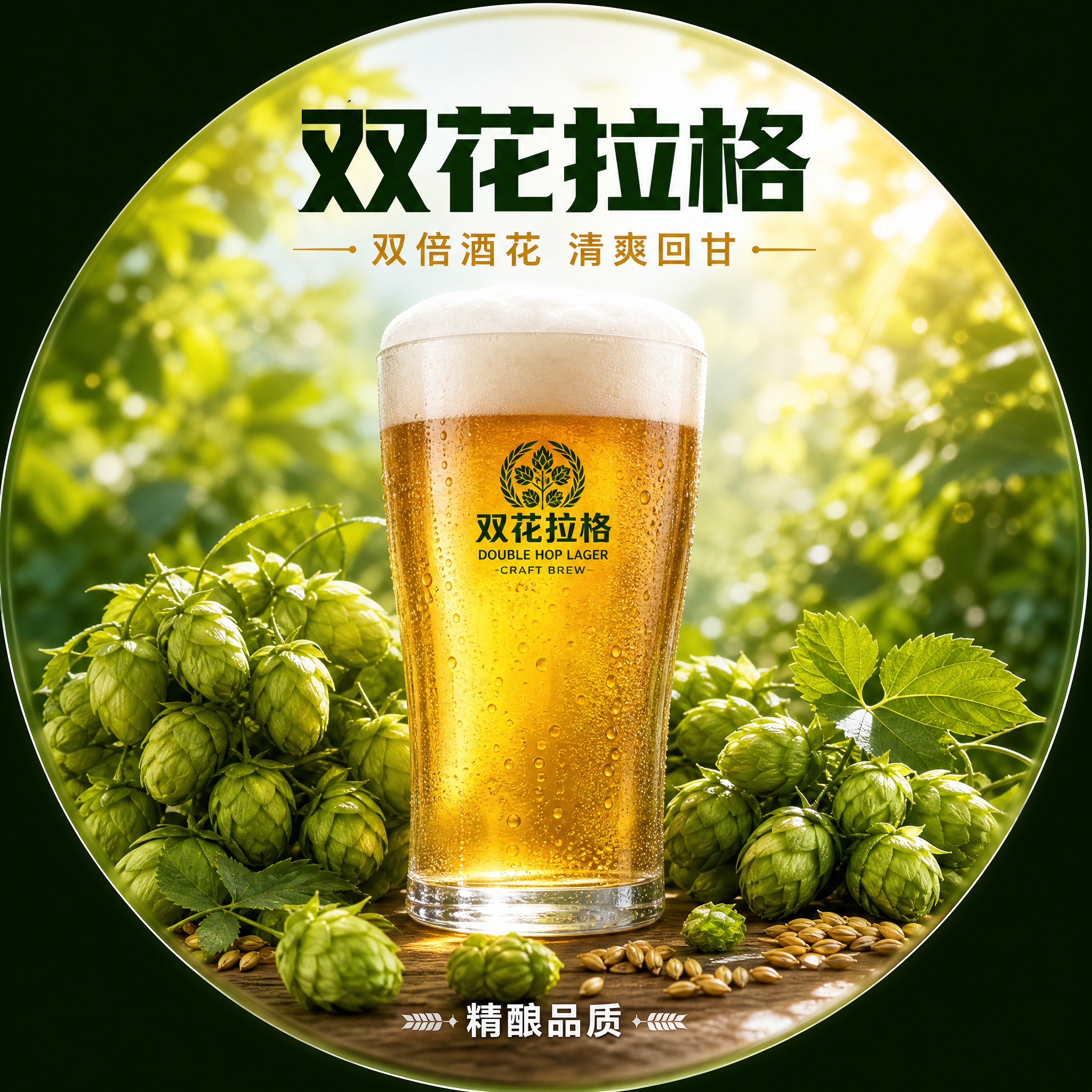 双花拉格精酿啤酒圆形宣传图，适配鱼眼灯打印，1:1正方形画布，… - 图片创意预览
