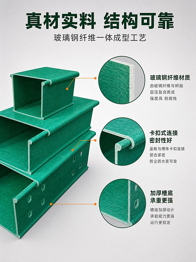 [商品] 使用【图1】【图4】绿色玻璃钢电缆桥架；保留槽式结构、玻璃钢纤维纹理、绿色外观、连接孔位；产品精修，清理表面灰尘，增强材质纹理和厚度感。
[画面] 第4张结构材质证明，目标是展示玻璃钢材质和槽体结构。爆炸/剖面型，画面左侧为桥架整体外观，右侧为结构拆解示意：上方放大框展示桥架侧壁剖面，可见玻璃钢纤维层压结构，标注"玻璃钢纤维材质"；中间放大框展示盖板与槽体卡扣连接结构，标注"卡扣式连接 密封性好"；下方放大框展示槽体底部加厚结构，标注"加厚槽底 承重更强"。左侧主体占画面约40%，右侧三个放大框纵向排列。
[视觉] 套系策略：风格=专业工业风产品精修；标题字=粗黑体无衬线；正文字=简洁无衬线体；主色=深绿色+工业灰；背景延展=浅灰白色渐变背景，干净简洁；强调色=橙色，用于引线和标注点；标题色=深绿色；正文色=深灰色；组件=圆形放大框、直线引线、标注文字；光影=均匀柔光，突出材质纹理和厚度。
[文字] 顶部主标题"真材实料 结构可靠"（8字），副标题"玻璃钢纤维一体成型工艺"（10字）；每个放大框旁有引线和说明文字，文字清晰不遮挡关键结构。
[规格] 图片比例3:4竖版，4K，避免变形、材质错误、结构失真、文字模糊、水印。