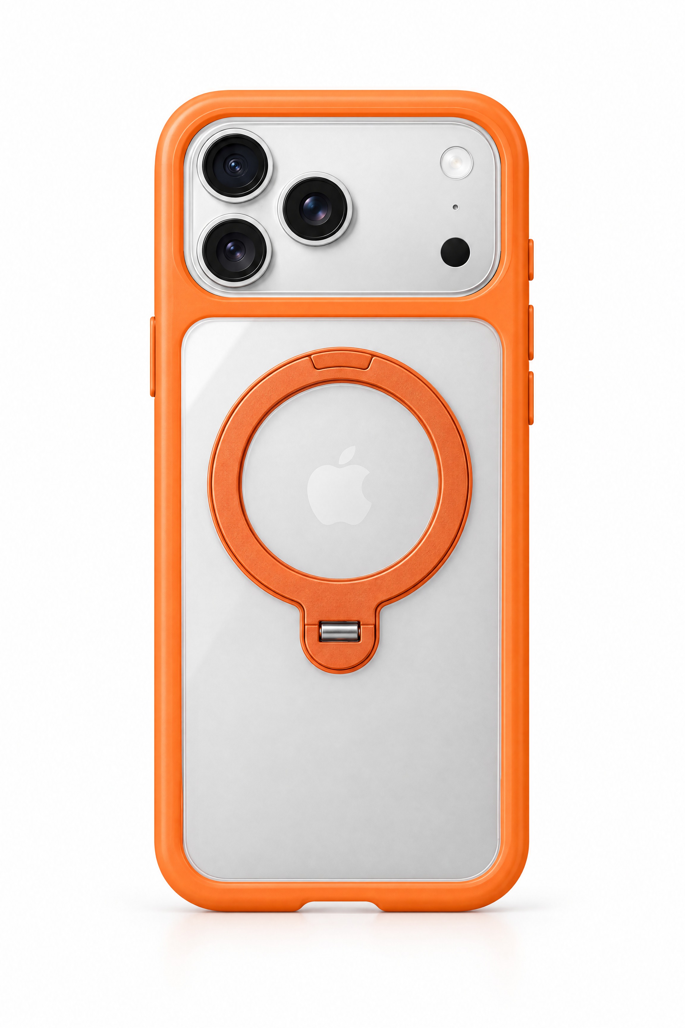 将银白色iPhone手机装入橙色边框带磁吸指环支架的透明手机壳… - 图片创意预览