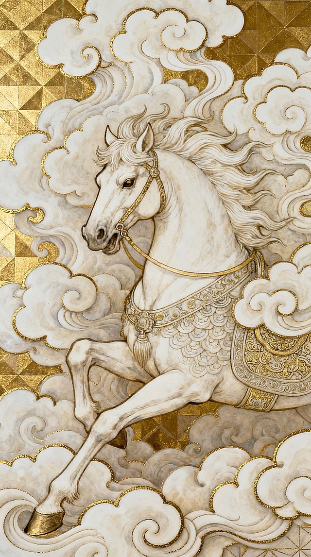 工笔风白骏踏云，鎏金浮雕点缀，岩彩质感尽显中式奢华与古典优雅，祥云缭绕，唯美感十足。