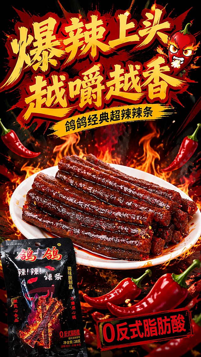 [第1屏] 详情页头图-鸽鸽爆辣辣条新品宣传海报。本屏使用【图3】作为辣条实物主体，搭配【图2】品牌包装展示。
[氛围/风格] 夸张国潮漫画风，红黑撞色爆辣氛围感，高饱和度配色，大字报风格，商业食欲感，突出火辣辣的视觉冲击。
[元素布局] 上方标题区，中部展示辣条实物盘，占比约65%，前景搭配新鲜红辣椒和火焰特效装饰，左下角露出产品包装袋一角，辣条的形状、纹理、红油色泽与【图3】保持一致，包装文字与【图2】保持一致。
[光影质感] 中心强光照明，辣椒和辣条表面保留红油高光，火焰光晕自然散开，整体明暗对比强烈，突出热辣质感。
[配色色系] 全局底色 #000000 黑色，主色正红，辅助色金黄文字、火红辣椒、深褐辣条。
[视角构图] 正面平视，辣条为绝对视觉中心，阅读动线从上到下，标题→主体辣条→底部装饰。
[文字版式] 大标题「爆辣上头 越嚼越香」，加粗描边黄红撞色字体；副标题「鸽鸽经典超辣辣条」黑色细体字，位于主标题下方；左下角标注「0反式脂肪酸」红色信息标签，文字不遮挡辣条主体。
[比例分辨率] 9:16 竖版比例，4K分辨率，文字清晰可辨，高清画质。
[负向提示词] 辣条变形，包装文字错乱，颜色偏差，文字过小，水印，产品模糊，结构错误。