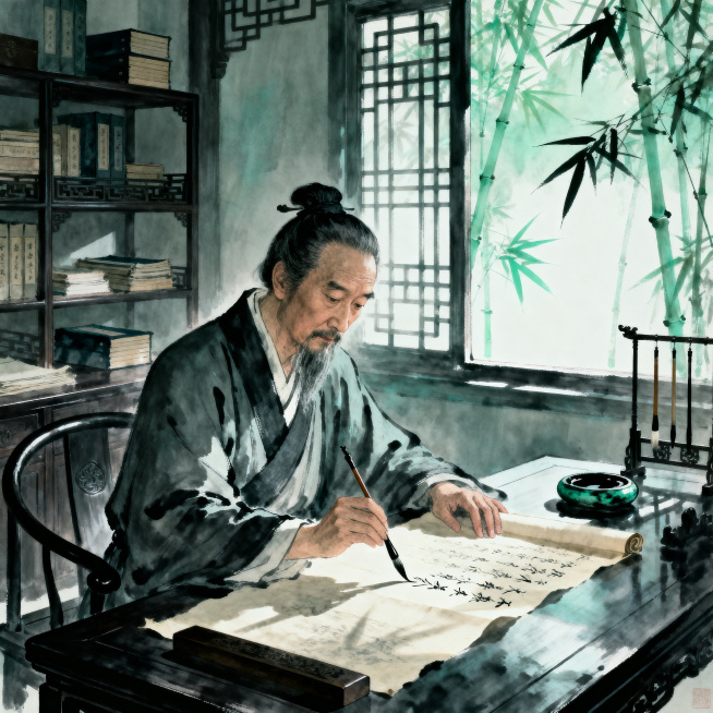 东晋书法家王羲之在书房里临池写字，身穿汉服宽袍，神情专注，案上铺展古宣纸，旁放毛笔与砚台，古雅中式书房布景，水墨国风，高清写实预览效果