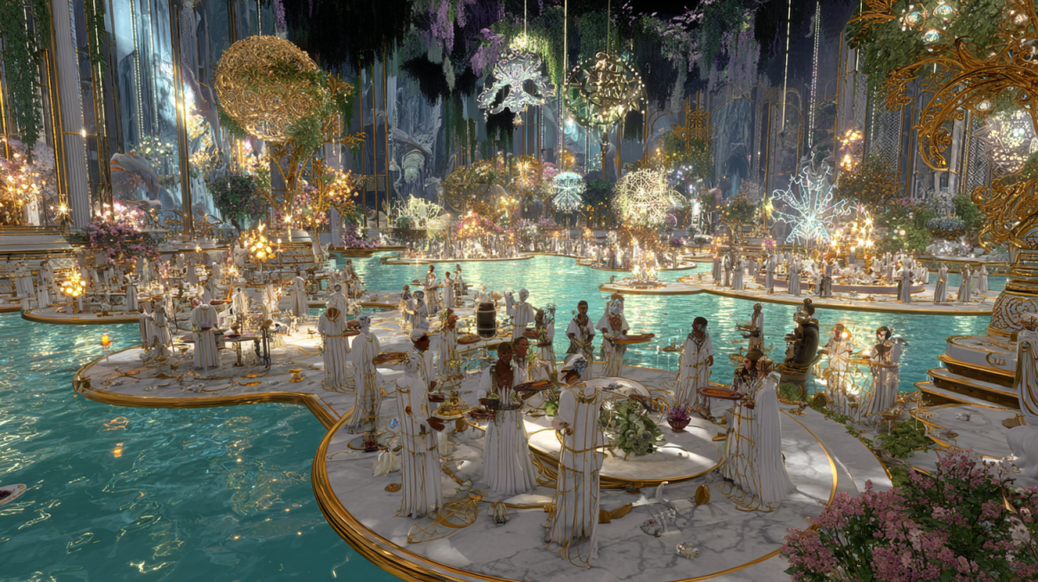 Grand celebration in the Floating Gardens of Atlantis, nobility reclining on levitating divans of wo预览效果