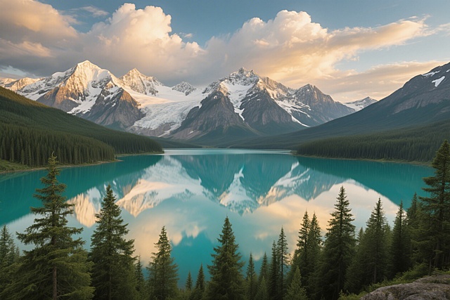 A breathtaking wide-angle shot of snow-capped mountains reflecting on a crystal-clear glacial lake, vibrant turquoise water, lush green pine forest in the foreground, dramatic cumulus clouds, golden hour lighting, ultra-high definition, 8k, realistic texture, shot on Canon R5
