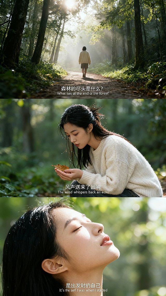 胶片风写实摄影，光影穿透林间，营造静谧文艺氛围，清新自然中透出柔和唯美感，人物与森林对话，呈现内心回响的诗意瞬间。