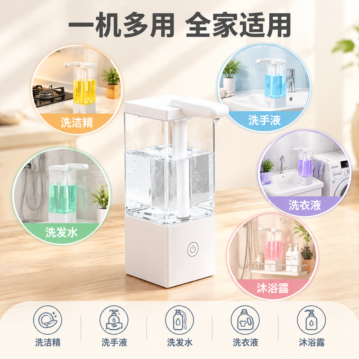 [主图-3] 多用途适用场景图，展示皂液器可适配多种液体，底部… - 图片创意预览