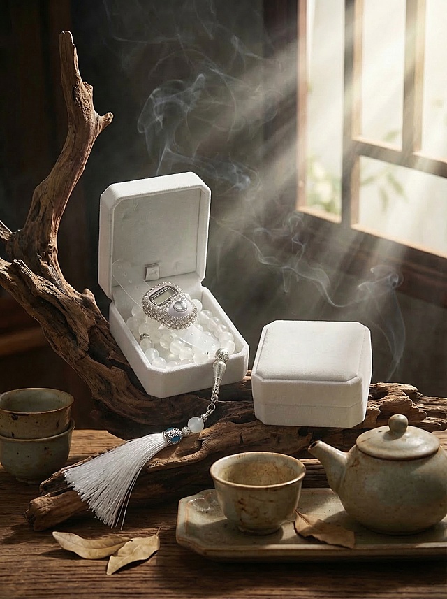 精准替换，保持图1产品全部特征：白色盒子，透明白色珠子，银色镶钻计数器，白色流苏，所有细节和颜色和原图一致，放置到图2的枯木茶台场景中，保留图2的烟雾、窗边阳光和禅意氛围，盒子摆放位置和闭合小盒子位置和图2完全一致