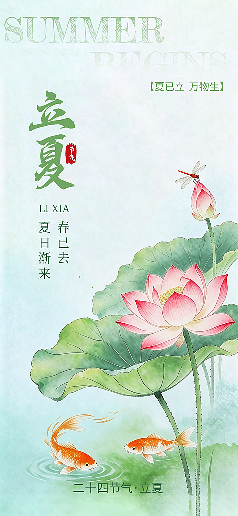 立夏节气国风水彩荷花锦鲤长图海报