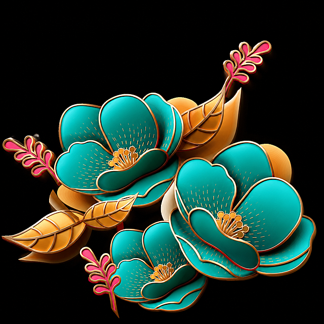 为图片中的国潮描边花卉图案添加真实3D立体效果，增强层次感和立体感，保持原有配色和构图不变