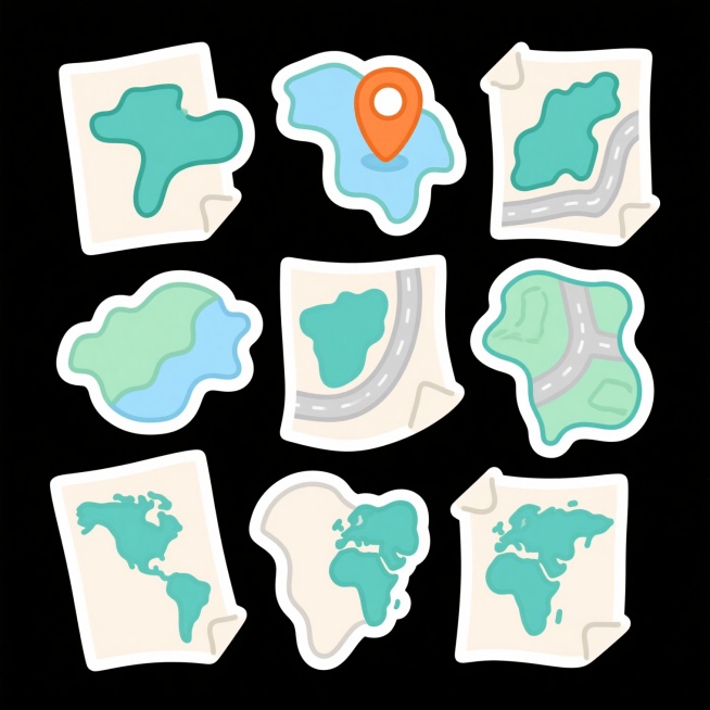 白色背景上，一组不同风格的地图图标，保持手绘卡通风格，线条圆润简洁，色彩改变为清新的蓝绿色调，地图纸张为柔和的米白色，上面有蓝绿色的陆地、浅蓝色的水域和灰色的道路，顶部有一个橙色的定位标记，每个图标都具有独特的轮廓和地理元素，整体呈现出统一又多样的视觉效果，可爱又实用的导航标识设计。预览效果