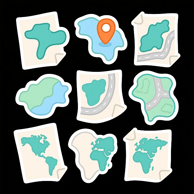 白色背景上，一组不同风格的地图图标，保持手绘卡通风格，线条圆润简洁，色彩改变为清新的蓝绿色调，地图纸张为柔和的米白色，上面有蓝绿色的陆地、浅蓝色的水域和灰色的道路，顶部有一个橙色的定位标记，每个图标都具有独特的轮廓和地理元素，整体呈现出统一又多样的视觉效果，可爱又实用的导航标识设计。