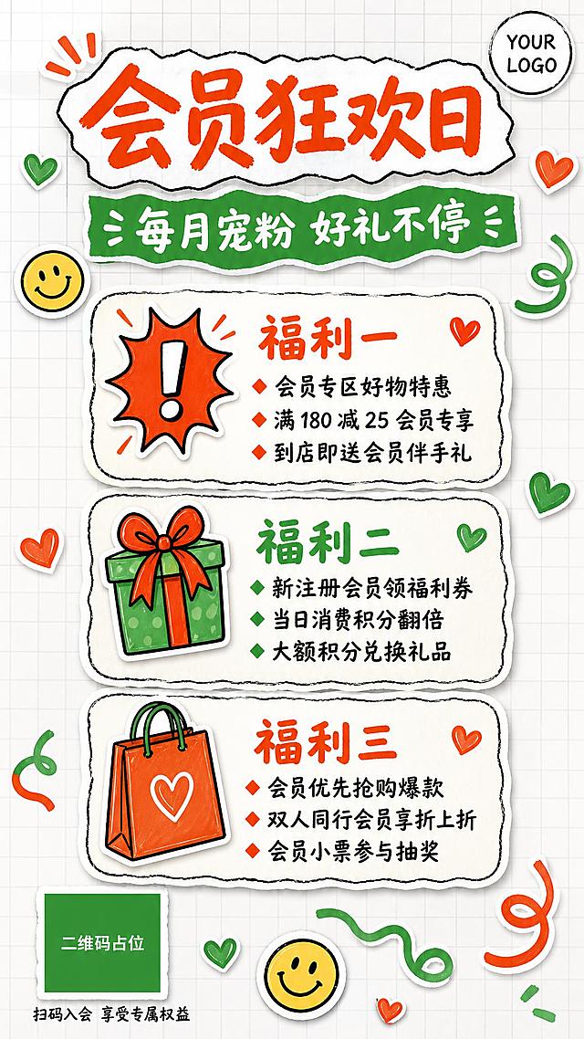 竖版会员日海报，手绘贴纸风格，纯白色底搭配浅灰色细方格纹理，主色调绿色+橘红色，手绘黑线描边，贴纸带轻微薄阴影效果，平面插画，活泼清新。

右上角一个圆形YOUR LOGO占位框，圆内标注"YOUR LOGO"文字。

顶部大标题"会员狂欢日"，橘红色粗手写字体，字号最大，位于顶部居中偏左；标题外有不规则撕纸边框（白色底+黑色撕边轮廓，轻微阴影贴纸感）。

标题下方一条绿色波浪形横幅（波浪上下边缘），横幅内白色文字写副标题"每月宠粉 好礼不停"。

主体区域3张直角圆角矩形卡片，带贴纸撕边效果（每张卡片像贴纸一样有轻微投影，边缘不规则撕纸感），纵向排列居中对齐：
- 第一张卡片（福利一）：左上角配手绘爆炸贴图标（橘红色爆炸贴，带感叹号），下方文字区域，标题"福利一"橘红色粗字，下方三条项目符号列表："◆ 会员专区好物特惠"、"◆ 满 180 减 25 会员专享"、"◆ 到店即送会员伴手礼"。
- 第二张卡片（福利二）：左上角配手绘礼品盒图标（绿色礼盒，带橘红色蝴蝶结），下方文字区域，标题"福利二"绿色粗字，下方三条项目符号列表："◆ 新注册会员领福利券"、"◆ 当日消费积分翻倍"、"◆ 大额积分兑换礼品"。
- 第三张卡片（福利三）：左上角配手绘手提购物袋图标（橘红色购物袋，带绿色提手），下方文字区域，标题"福利三"橘红色粗字，下方三条项目符号列表："◆ 会员优先抢购爆款"、"◆ 双人同行会员享折上折"、"◆ 会员小票参与抽奖"。

底部左下角放置一个正方形二维码占位框，方框内纯色填充并标注"二维码占位"文字；二维码下方小字"扫码入会 享受专属权益"。

画面装饰元素：散落的手绘爱心（绿色和橘红色小爱心）、笑脸表情贴纸（黄色圆形笑脸）、彩带简笔画（绿橘相间的彩带），整体贴纸拼贴感，活泼清新，版式精美，所有文字清晰可读。

画面中所有二维码区域使用纯色方块占位符呈现，方块中央标注"二维码占位"文字，严禁生成任何可识别的二维码图案。

画面中所有信息区域、福利卡片、福利条目必须填充完整合理的内容，不得出现空白框、空白占位、横线待填写区域、空列表项、空单元格；确保是完整可用的成品海报而非待填写模板。

画面中所有数字必须精确渲染，不得错位、遗漏或编造。数字包括："180"、"25"。