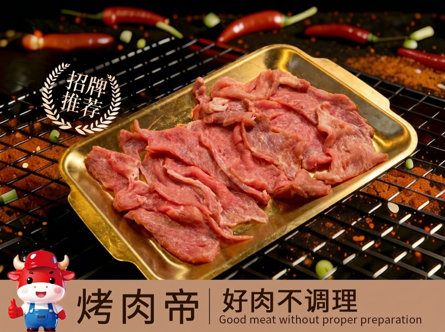 生鲜牛肉片，严格参照上传产品图（图2），完整保留所有可见组件、部件、轮廓形状、结构、比例、材质质感、颜色与上传图完全一致。烤肉店烧烤场景，暖棕红调，还原参考图（图1）的摆放在烧烤架上的产品位置，侧逆光预览效果
