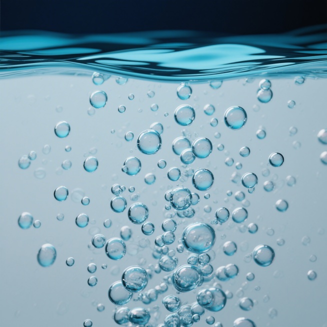 纯净白色背景，画面上方有一道深蓝色和浅蓝色渐变的水波纹，水波纹下方有大量大小不一、形态各异的水泡向上漂浮，水泡晶莹剔透，部分带有淡淡的浅蓝色光晕，整体氛围清新、纯净、通透预览效果