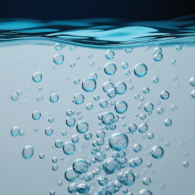 纯净白色背景，画面上方有一道深蓝色和浅蓝色渐变的水波纹，水波纹下方有大量大小不一、形态各异的水泡向上漂浮，水泡晶莹剔透，部分带有淡淡的浅蓝色光晕，整体氛围清新、纯净、通透