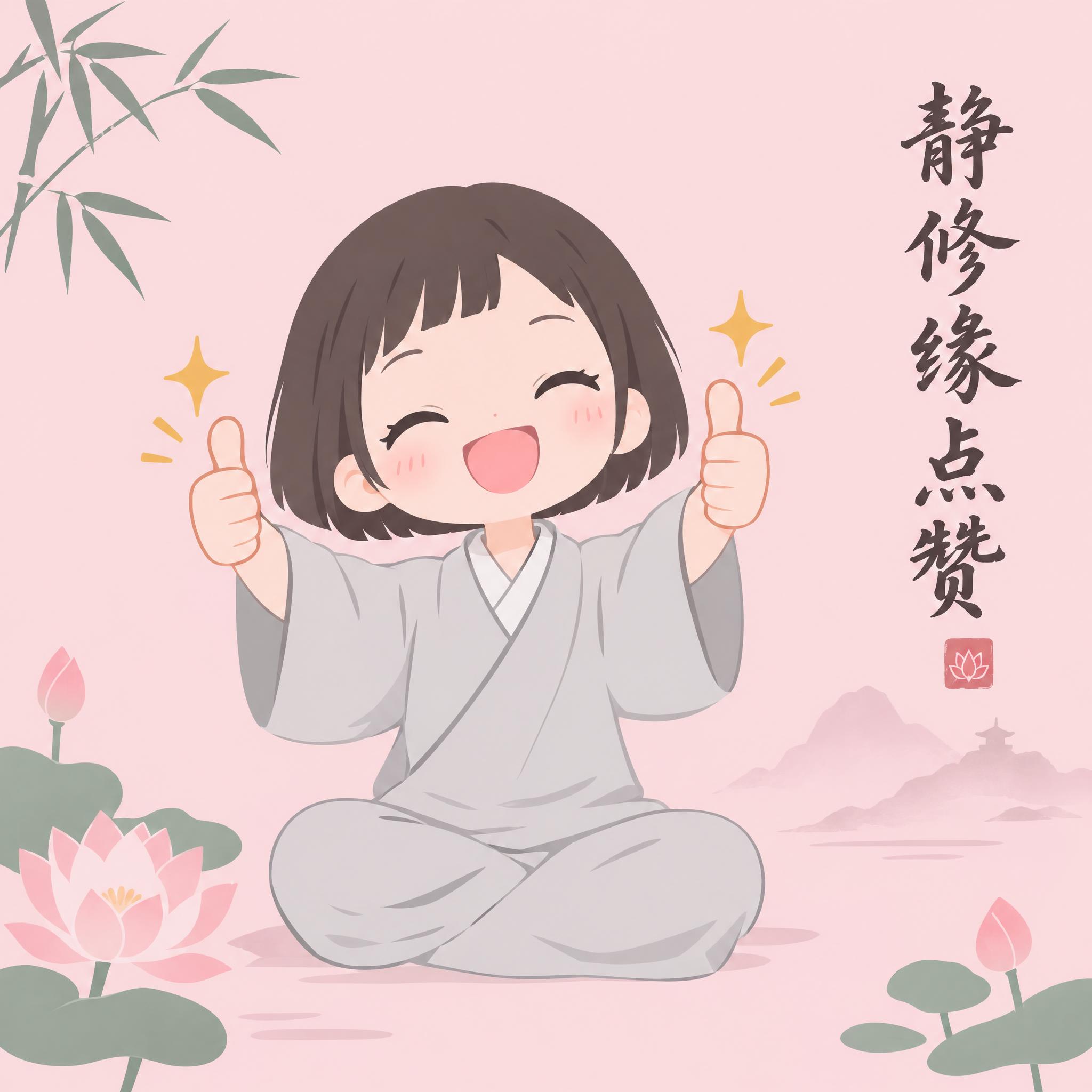 禅意风格Q版表情包第3帧，女版小尼姑，齐耳短发，穿浅灰色僧袍，… - 图片创意预览