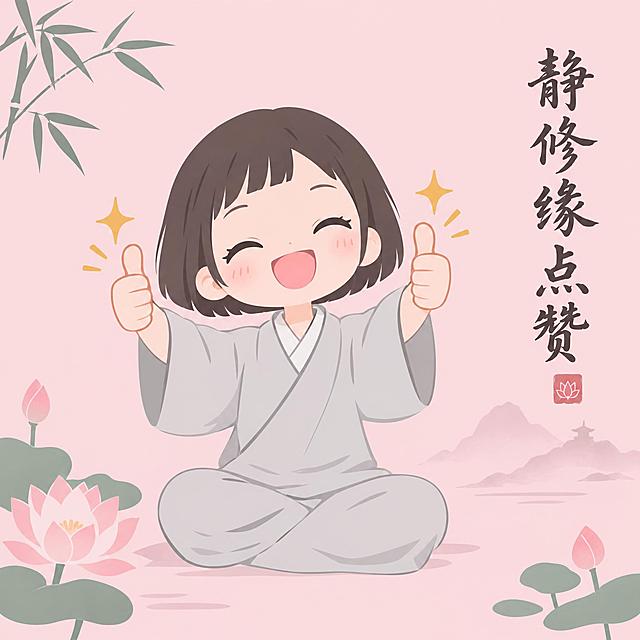 禅意风格Q版表情包第3帧，女版小尼姑，齐耳短发，穿浅灰色僧袍，盘腿打坐姿势，开心大笑，双手大拇指举到最高，点赞闪光特效在拇指旁，背景为淡粉色纯色简笔山水，有莲花和竹叶元素，画面右侧有书法文字"静修缘点赞"，整体色调淡雅粉嫩，极简画风，纯色背景，低细节扁平化风格