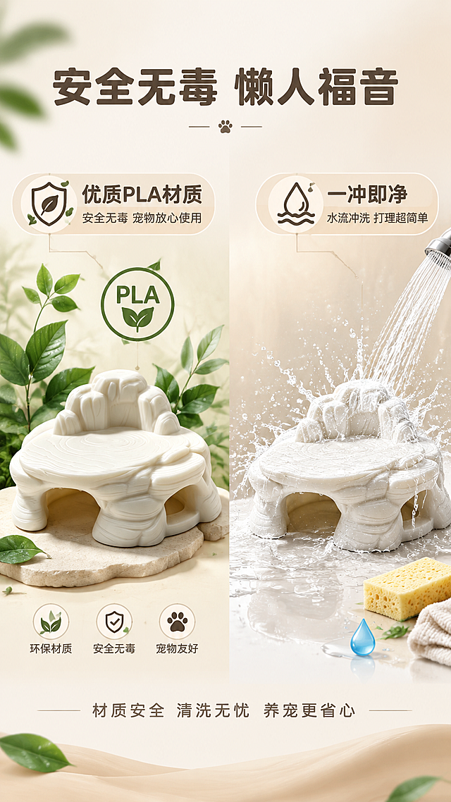 [商品] 使用【图2】玉脂款（月白色）躲避屋；保留双洞结构、顶部晒台、背部山峦造型、仿岩石纹理、奶白温润质感和颜色；产品朝向、比例、结构完全一致。

[画面] 第4张 材质安全+易清洁 目标证明PLA安全无毒和一冲即净的优势。采用左右分栏版式，竖版9:16。左半部分展示安全材质主题：玉脂款躲避屋居中，周围环绕绿叶、盾牌图标、PLA材质标识，象征安全无毒，背景是奶白色柔和渐变。右半部分展示易清洁主题：水流正冲洗躲避屋，水珠飞溅，体现一冲即净，旁边有海绵和水滴元素。左右两部分中间用柔和渐变过渡。

[视觉] 套系策略：风格=高级自然造景风 商业摄影质感；标题字=现代简约无衬线粗体 圆润亲和；正文字=简洁无衬线细体；主色=暖米砂石色；背景延展=基于暖米色做深浅层级 砂石纹理渐变 自然光影；强调色=清新水蓝 叶绿 仅用于小面积点缀；标题色=深棕灰；正文色=中暖灰；组件=圆角浅米色信息卡 细线引线 自然质感图标；光影=柔和均匀自然光 突出白色温润质感 水珠有透明折射光效。

[文字] 顶部大标题："安全无毒 懒人福音"粗体深棕灰 居中。
左侧区域标题："优质PLA材质"粗体，说明："安全无毒 宠物放心使用"，配盾牌+叶子图标。
右侧区域标题："一冲即净"粗体，说明："水流冲洗 打理超简单"，配水滴+水流图标。
底部一行小字："材质安全 清洗无忧 养宠更省心"。

[规格] 图片比例9:16竖版，4K，避免变形、错字、文字过小、卡通风格、医疗暗示、产品颜色改变、结构失真、水印、平台Logo。