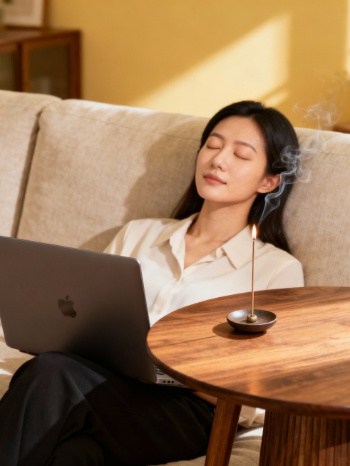 生成一个职场女性坐在沙发上居家办公时，闭着眼睛，脸上露出平静的表情，面前的桌子上是一个小型香插上面插着一根点燃的线香，办公用的电脑放在她腿上预览效果