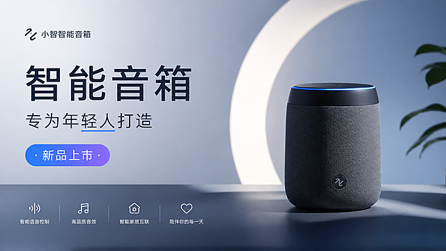 时尚简约雅致风格的网幅广告banner，主体是小智智能音箱，产品面向年轻人，文案文字内容："智能音箱·专为年轻人打造，新品上市"，整体高级简约，一流审美，现代设计感