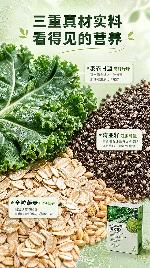 [商品] 成分原料专张，产品包装仅作辅助露出在画面右下角小比例位置；使用【图1】产品外盒做小尺寸参考，保留包装外观、Logo和主色调，不做主体展示。
[画面] 页面目标：成分/原料展示，突出真实食材看得见。原料微距平铺型构图，画面主体被三大核心原料占据。左上区域大片新鲜羽衣甘蓝叶片特写，叶脉清晰、水珠点缀，占画面约35%；右上区域奇亚籽颗粒微距特写，深褐色颗粒饱满有光泽，占画面约25%；下方区域燕麦片与燕麦粒平铺特写，浅米色燕麦片层层叠叠，占画面约30%。三种原料之间自然过渡，有轻微重叠。右下角小比例露出产品外盒（约占画面15%），作为产品关联。整体俯拍视角，食材真实新鲜，质感细腻。
[视觉] 套系策略：风格=清新自然健康商业摄影风；标题字=现代无衬线粗体（圆润亲和）；正文字=简洁无衬线体；主色=清新浅绿+米白；背景延展=基于浅绿做同色系渐变、柔和光晕与细腻粉质纹理层次；强调色=深草绿，仅用于小面积图标、引线、标签和重点文字高亮；标题色=深墨绿；正文色=中灰绿；组件=圆角浅底信息卡、细线引线、绿叶形装饰元素；光影=顶部柔和自然光，食材表面有自然高光与水珠反光，阴影柔和。
[文字] 顶部居中主标题"三重真材实料 看得见的营养"，主标题下方三个原料标签分别引线对应各自原料区域：「羽衣甘蓝 高纤绿叶」「奇亚籽 饱腹能量」「全粒燕麦 粗粮营养」。每个标签配简短说明文字。文字横向排版，字号适中，不遮挡原料主体细节。
[规格] 图片比例9:16竖版，4K分辨率，负向提示：避免原料失真、颜色不自然、水珠虚假、文字遮挡食材、包装比例过大、画面杂乱。