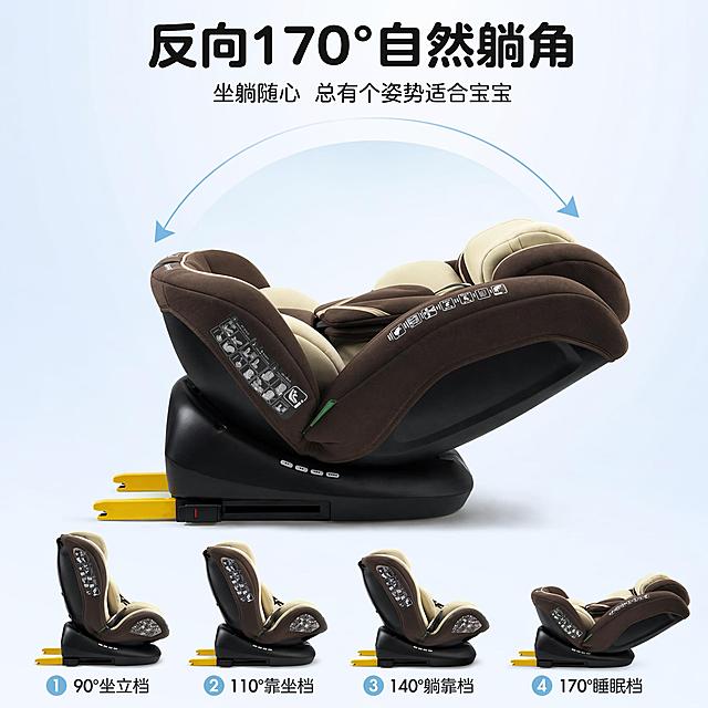 参考图的版式构图完全保留，只将参考图中的青灰色安全座椅替换为用户提供的棕米双色儿童安全座椅，产品外观（物理结构、材质质感、棕+米白配色、侧翼造型、底座黑色、黄色支撑腿）与用户产品图保持绝对一致，杜绝变形和色差，精细化处理。画面整体风格为母婴安全专业感，浅蓝白渐变干净背景，柔和通透光线，商业摄影质感。

画面结构：顶部大标题区，中部为安全座椅反向170°躺角大主体展示，座椅上方有弧形箭头示意躺角调节轨迹，座椅下方横向排列4个小图分别展示4档坐躺角度（90°坐立档、110°靠坐档、140°躺靠档、170°睡眠档），每个小图下方带圆形数字序号和文字标注。

文字内容（全部中文，清晰可读）：
顶部主标题："反向170°自然躺角"
主标题下方副标题："坐躺随心 总有个姿势适合宝宝"
底部4档标注依次为："1 90°坐立档"、"2 110°靠坐档"、"3 140°躺靠档"、"4 170°睡眠档"

版式要求：参考图的上下分区、弧形箭头、底部四宫格小图布局完全复刻，仅替换产品为棕米双色款。字体为圆润无衬线黑体，主标题粗体大号，副标题中号，底部标注清晰。画面1:1正方形比例，超高清商业摄影质感，产品清晰真实，画面干净高级。

负向提示：变形，文字错乱，产品图模糊，背景杂乱，水印，电商平台Logo，青灰色座椅残留，产品色差
