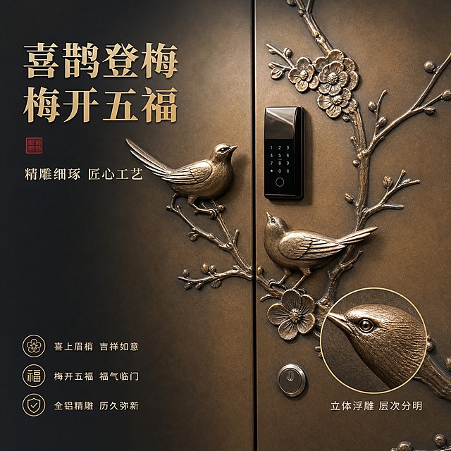 [主图-3] 主题：喜鹊登梅 精雕纹饰细节展示，唯一任务是展示产品雕刻工艺细节和文化寓意。
[统一基调] 新中式高端轻奢风格，深古铜金与高级深灰为主色调，点缀中国红，标题用粗黑宋体，辅助文字用细黑体，整体干净大气，专业品质感，无多余装饰。
[画面] 画面主体为大门中间古铜金色雕刻区域的特写，占画面约70%，近距离展示梅花枝和两只喜鹊的精雕细节，梅花花瓣纹理清晰，喜鹊羽毛栩栩如生，树枝有立体感。左侧上方主标题「喜鹊登梅 梅开五福」，下方副标题「精雕细琢 匠心工艺」。画面右下角有一个圆形放大框，放大展示喜鹊头部雕刻细节，旁边配文字「立体浮雕 层次分明」。左下角配三句文化寓意短句：「喜上眉梢 吉祥如意」「梅开五福 福气临门」「全铝精雕 历久弥新」。
[光影质感] 微距摄影质感，侧光突出雕刻的立体感和层次感，古铜金属表面有细腻光泽，凹陷处有自然阴影，充分展现浮雕工艺的深度和细节。
[配色] 主色：古铜金、深灰；背景：深灰色渐变突出主体；标题字色：古铜金色；辅助文字：浅金色。
[文字版式] 左上主标题大号粗体，副标题中号，左下角三句短句横排，字号较小，圆形放大框在右下，框边为细金线，旁边文字说明。
[输出要求] 1:1正方形，雕刻细节清晰锐利，金属质感真实，文字清晰，无水印无平台logo，画面有艺术感和品质感。