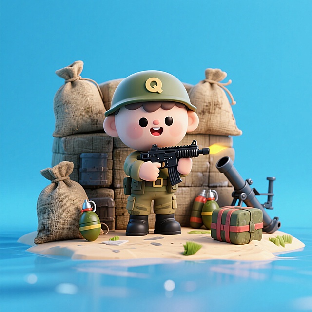 海岛奇兵，软3D风卡通小兵，可爱表情，手持武器，背景沙袋与海洋，趣味军事主题设计。