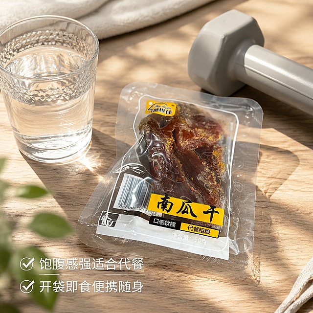 贝贝南瓜干独立包装放在原木桌面，旁边搭配水杯和哑铃，展示代餐场景，保持独立包装设计和文字完全不变，不做任何修改。画面比例1:1，商业摄影，自然光，温馨健康，文字保留饱腹感强适合代餐，开袋即食便携随身，不要添加多余文字。