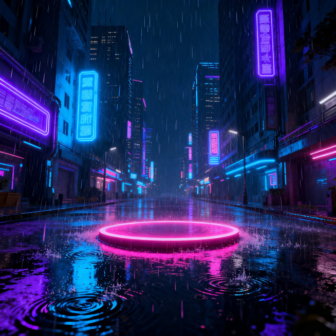 赛博朋克风格游戏场景，夜晚时分，滂沱大雨从天而降，雨滴在湿漉漉的街道上溅起层层涟漪，霓虹灯招牌发出明亮的蓝紫色光芒，将整个场景映照得绚丽多彩，高楼大厦鳞次栉比，街道中央有一个圆形的发光平台，散发着粉色预览效果