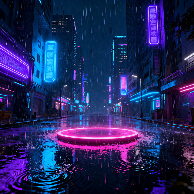 赛博朋克风格游戏场景，夜晚时分，滂沱大雨从天而降，雨滴在湿漉漉的街道上溅起层层涟漪，霓虹灯招牌发出明亮的蓝紫色光芒，将整个场景映照得绚丽多彩，高楼大厦鳞次栉比，街道中央有一个圆形的发光平台，散发着粉色的光晕，整个画面充满了未来感和科技感，氛围神秘而迷人。