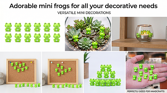 collection showcase of multiple mini green plastic frog ornaments in different use scenarios, frogs keep original bright green cute shape, arranged neatly, ultra clear, rich details, realistic natural product photography, English copy: "Adorable mini frogs for all your decorative needs", amazon A+ content image