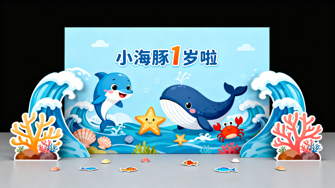 纯KT板周岁宴布置，海洋生物卡通主题，主背景板为浅蓝底色，印有"小海豚 1 岁啦"字样，搭配拟人化的海豚、鲸鱼、小螃蟹、小海星卡通形象，周围环绕海浪、贝壳、珊瑚元素。两侧立有KT板海浪、珊瑚礁造型，地预览效果