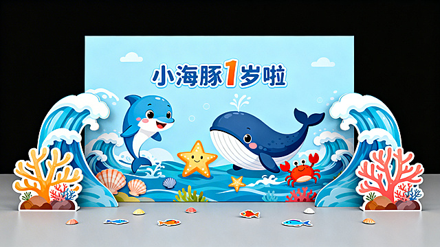 纯KT板周岁宴布置，海洋生物卡通主题，主背景板为浅蓝底色，印有"小海豚 1 岁啦"字样，搭配拟人化的海豚、鲸鱼、小螃蟹、小海星卡通形象，周围环绕海浪、贝壳、珊瑚元素。两侧立有KT板海浪、珊瑚礁造型，地面散落KT板小贝壳、小鱼。整体风格活泼清新，色彩明快，适合男女宝宝周岁宴，无其他道具，仅KT板装饰。