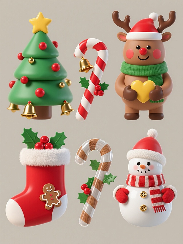6个完全不同材质的圣诞元素系列素材集合，保持同元素同造型，规整排布在纯色背景上，3D立体风格。元素包括：顶部带黄色星星的绿色圣诞树，装饰有红色球形饰品、金色铃铛和红白条纹拐杖糖；戴着绿色围巾、胸前有黄色星星、双手捧着心形礼物的棕色驯鹿，脸颊有红色圆形腮红；红色圣诞袜，顶部有白色毛绒边，装饰有红色浆果和绿色冬青叶，袜口露出一个姜饼人；红白螺旋条纹的拐杖糖，顶部装饰有金色铃铛和红色浆果、绿色冬青叶；白色雪花图案；戴着红色圣诞帽和红色条纹围巾、双手戴红色手套、身体由白色雪球堆叠、点缀金色纽扣的雪人。每个元素分别采用6种完全不同的材质表现，如光滑塑料、磨砂金属、哑光陶瓷、木质纹理、绒毛织物、透明玻璃等，保持3D立体的体积感和光影效果，整体构图整齐有序，色彩鲜明，充满圣诞氛围。