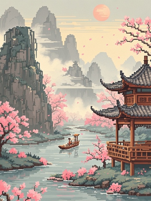 Plane vector illustration ,Elegant oriental landscape inspired by traditional Chinese aesthetics, fe预览效果