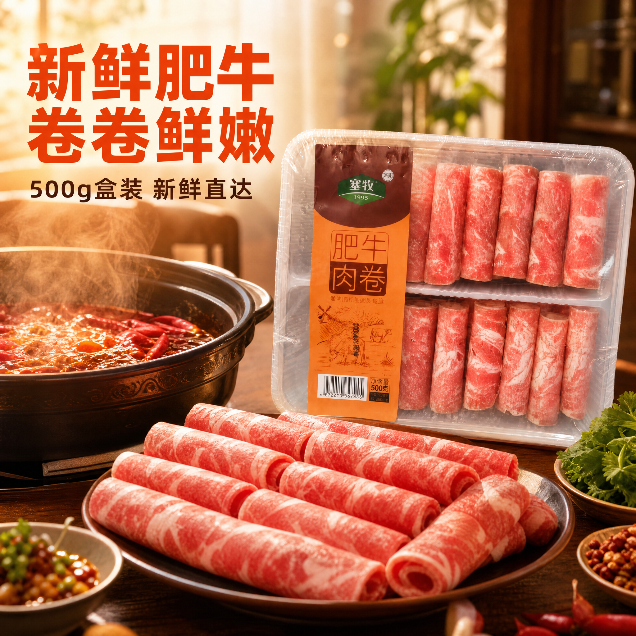 [主图-2] 塞牧肥牛肉卷 食材细节与火锅食用场景展示，突出牛… - 图片创意预览