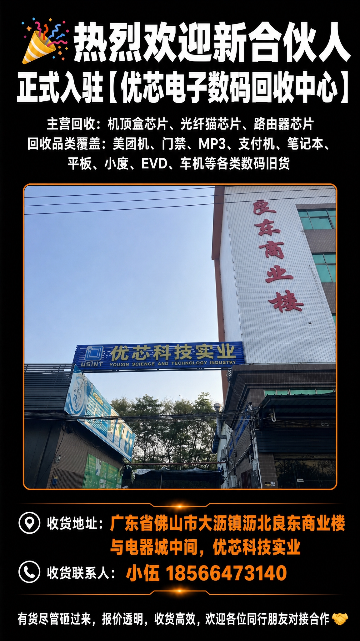 基于这张深黑色背景的新合伙人入驻竖版海报，将中间橙色描边的大图… - 图片创意预览