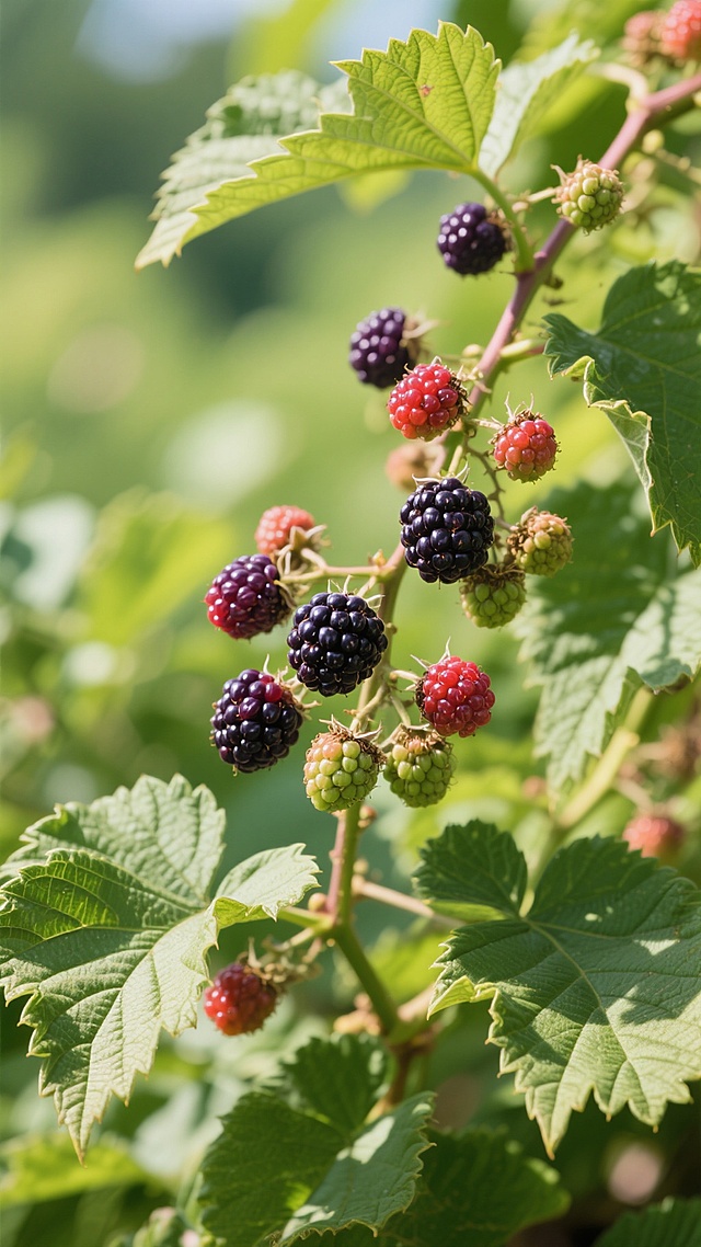 写实风格摄影，阳光下的黑莓藤特写，藤蔓上挂满不同成熟度的黑莓果实，从深紫色、红色到绿色渐变，果实饱满有光泽，表面颗粒清晰可见，周围是茂密的绿色锯齿状叶片，叶片有明显的叶脉和光影斑驳效果，背景虚化呈现自然绿色调，整体氛围清新自然，光线明亮柔和，展现植物的生机与果实的质感，色彩真实还原，细节丰富，构图饱满，突出主体果实的层次感和立体感。