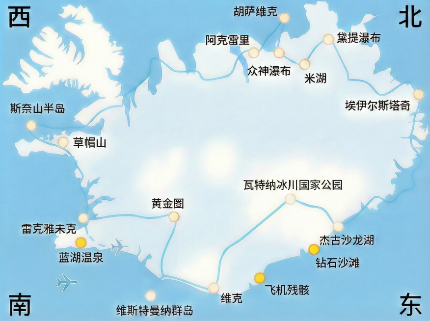 在冰岛地图西南部雷克雅未克和凯夫拉维克机场之间的雷克雅内斯半岛位置，添加黑色文字标注“蓝湖温泉”，搭配黄色定位点，与现有标注风格统一预览效果