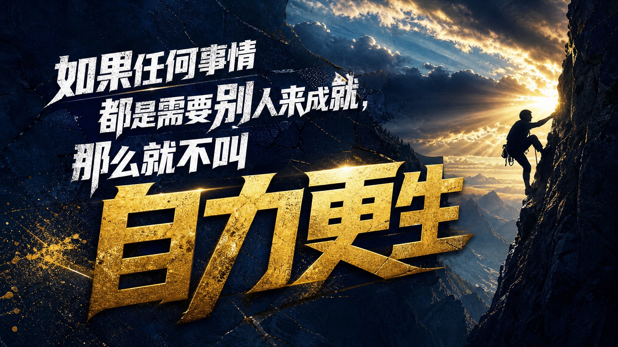 横版励志海报，硬朗力量风格，背景是一个人独自攀登陡峭岩壁的剪影… - 图片创意预览