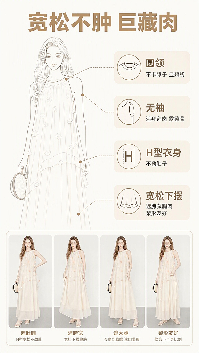 [第4张] 详情页版型亮点页-宽松不肿 巨藏肉。本张使用【图1】作为服装版型参考。
[氛围/风格] 简约解析风，清爽干净，信息直观，线稿+实拍结合的设计感。
[元素布局] 画面左侧为服装正面半身线稿示意图，右侧和下方分布4个版型亮点说明；线稿标注出圆领、无袖、H型衣身、宽松下摆四个关键部位；服装整体轮廓、比例与输入图一致。
[光影质感] 均匀平面布光，突出线条和信息清晰度，无复杂阴影。
[配色色系] 全局底色 #FDFAF6（奶白色）；主色深杏色 #B8956E；辅助色浅杏色 #F0E6D8；点缀色浅棕色。
[视角构图] 左图右文+底部补充的版式，线稿位于左侧居中，阅读动线：顶部标题 → 左侧线稿 → 右侧及下方卖点。
[文字版式] 顶部标题「宽松不肿 巨藏肉」，粗黑体，深杏色，居中。左侧线稿配4条引线标注，分别指向：领口「圆领 → 不卡脖子 显颈线」、袖笼「无袖 → 遮拜拜肉 露锁骨」、腰腹「H型衣身 → 不勒肚子」、下摆「宽松下摆 → 遮胯藏腿肉 梨形友好」；每个标注配小图标和浅杏色底纹；文字清晰易读，移动端友好。
[比例分辨率] 9:16 竖版比例，4K 分辨率，文字清晰可辨，高清画质。
[负向提示词] 线稿变形，服装比例错误，文字错乱，文字过小，水印，背景杂乱。