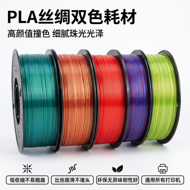 [主图-1] 3D打印PLA丝绸双色渐变线材首图。氛围风格：国内电商爆款风，简约高级，干净醒目。画质：商业摄影质感，光线柔和通透，产品清晰真实，8K超清画质，画面干净高级。元素：多卷线轴整齐摆放陈列在预览效果